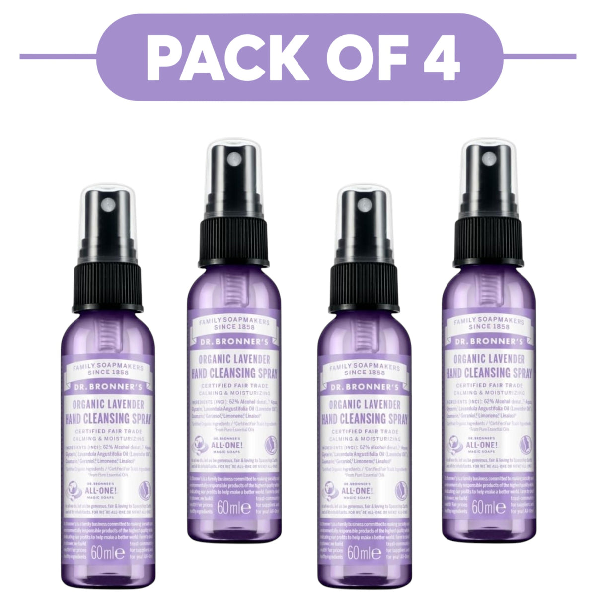 Dr. Bronner's Organic Lavender Hand Cleansing Spray 60ml Pack of 4