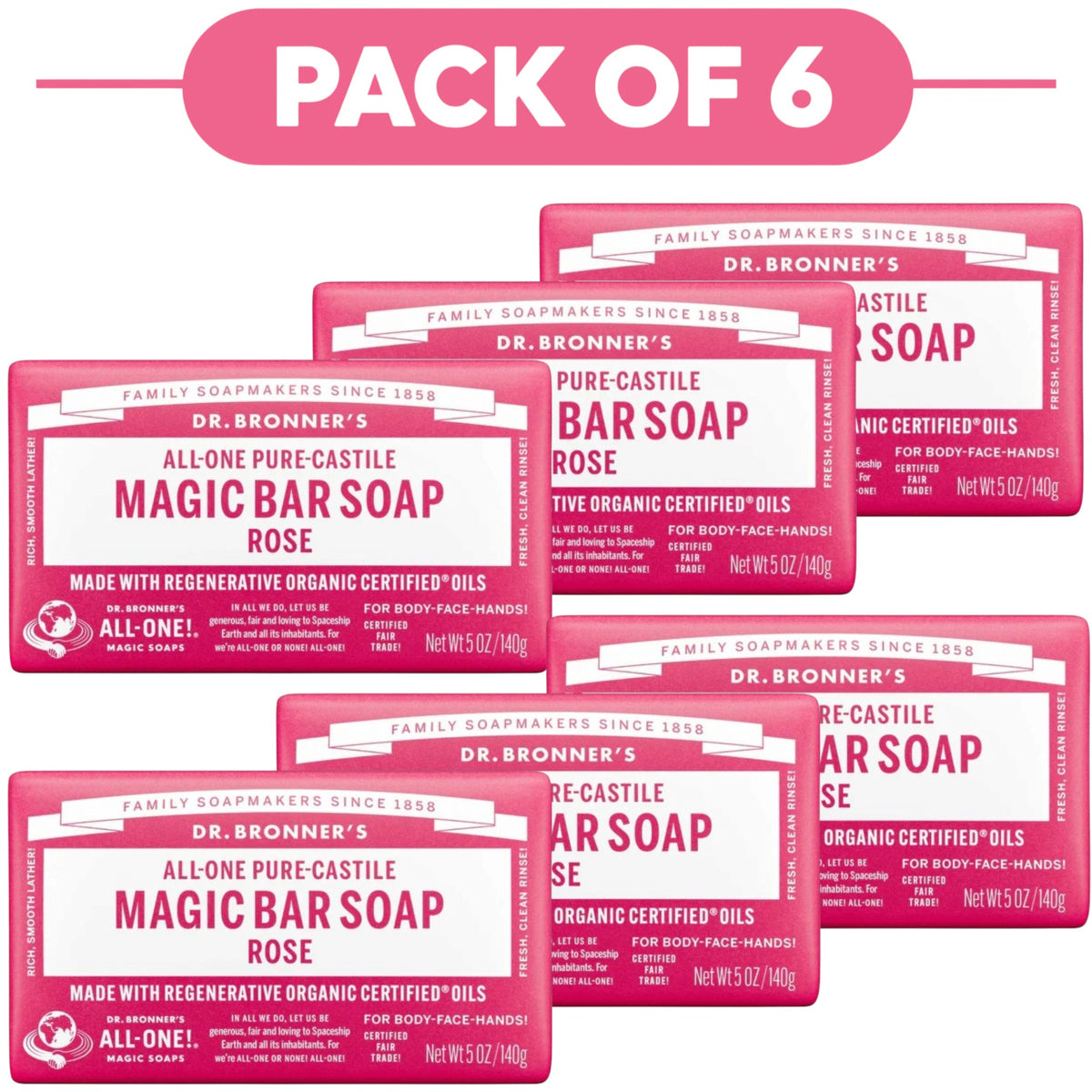 Dr. Bronner's Pure-Castile Magic Bar Soap Rose 140g Pack of 6