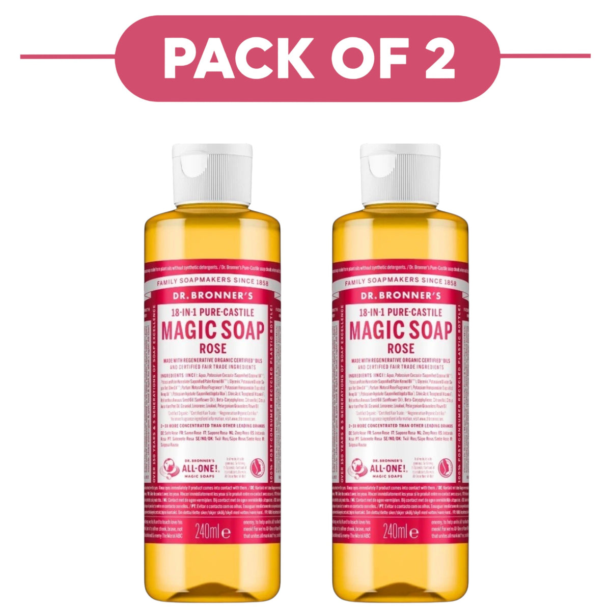 Dr. Bronner's Rose 18-in-1 Pure-Castile Liquid Soap 240ml Pack of 2