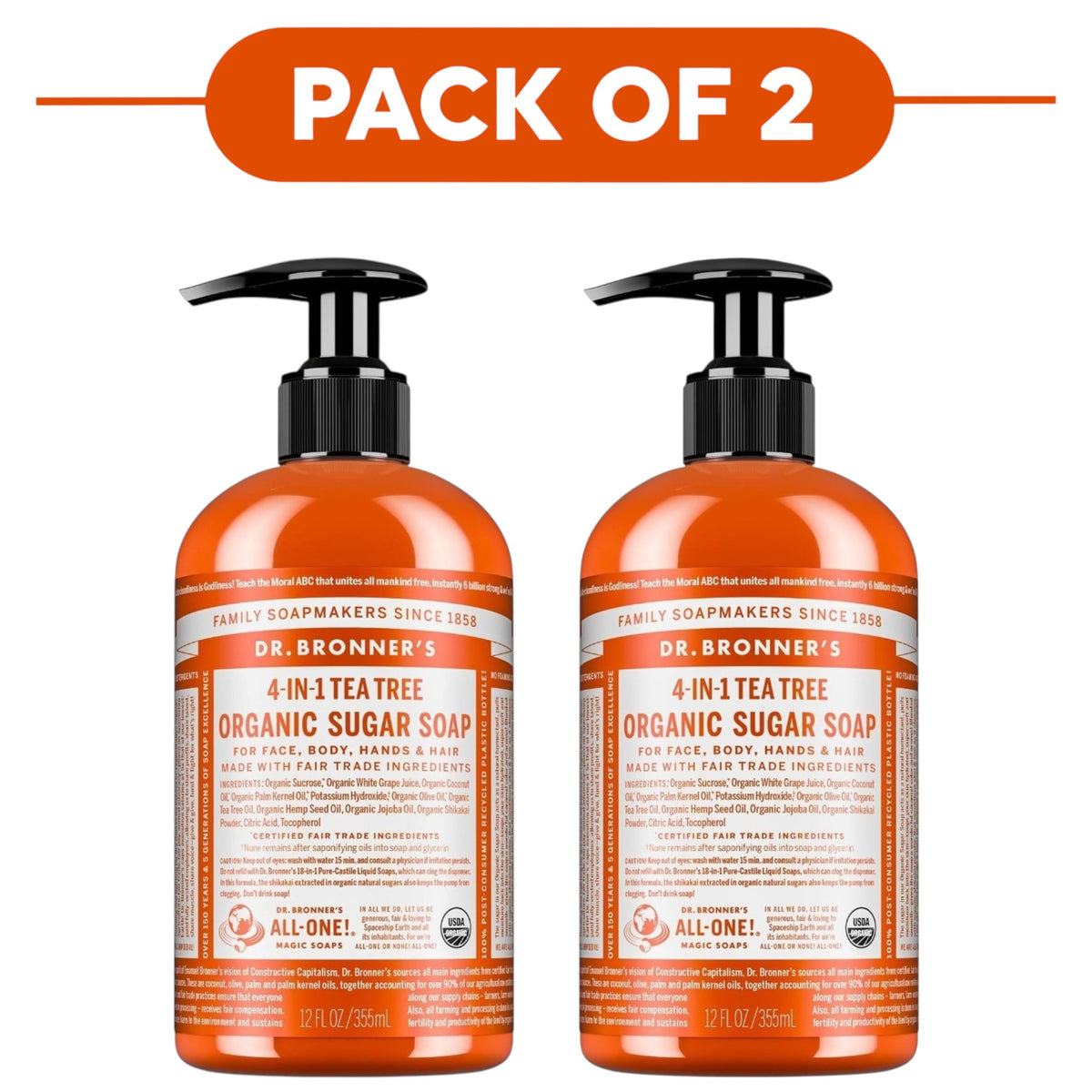 Dr. Bronner's Tea Tree 4-in-1 Organic Sugar Soap 355ml Pack of 2
