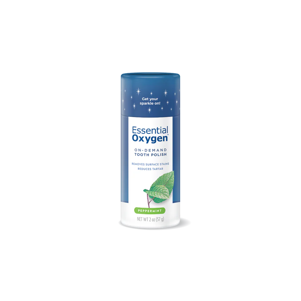 Essential Oxygen Organic Mint Tooth Polish bottle, 57g, with powder dispenser.