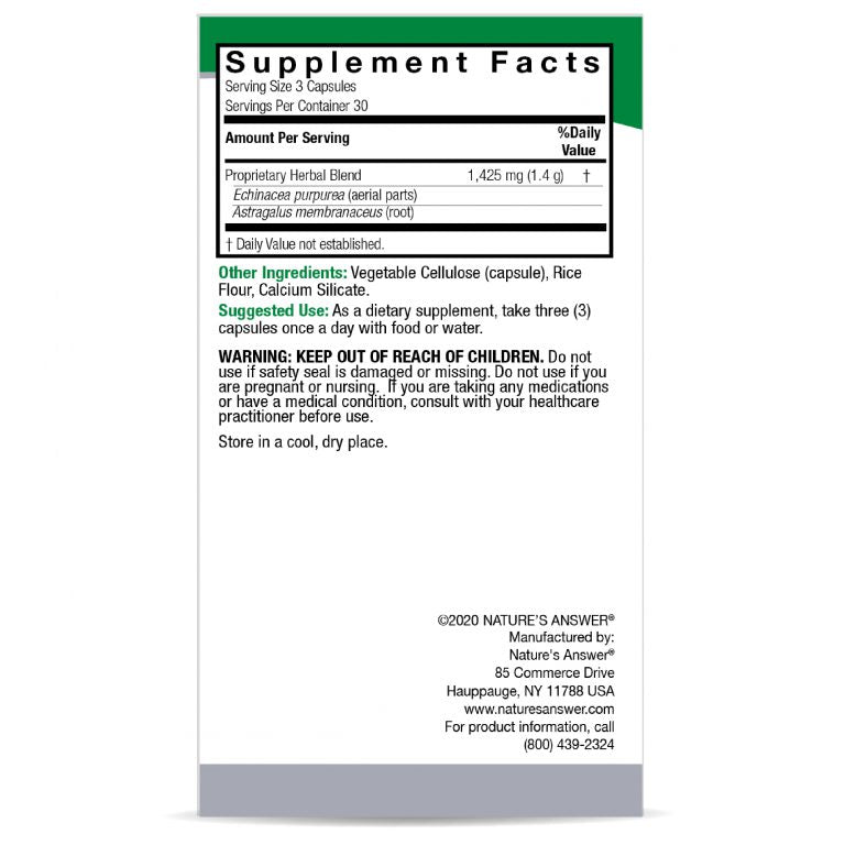 Nature’s Answer Echinacea Astragalus supplement facts 90 vegetarian capsules back label