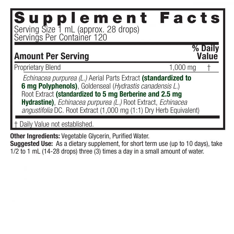 Nature’s Answer Echinacea Goldenseal supplement facts alcohol free 120ml back label on a white background