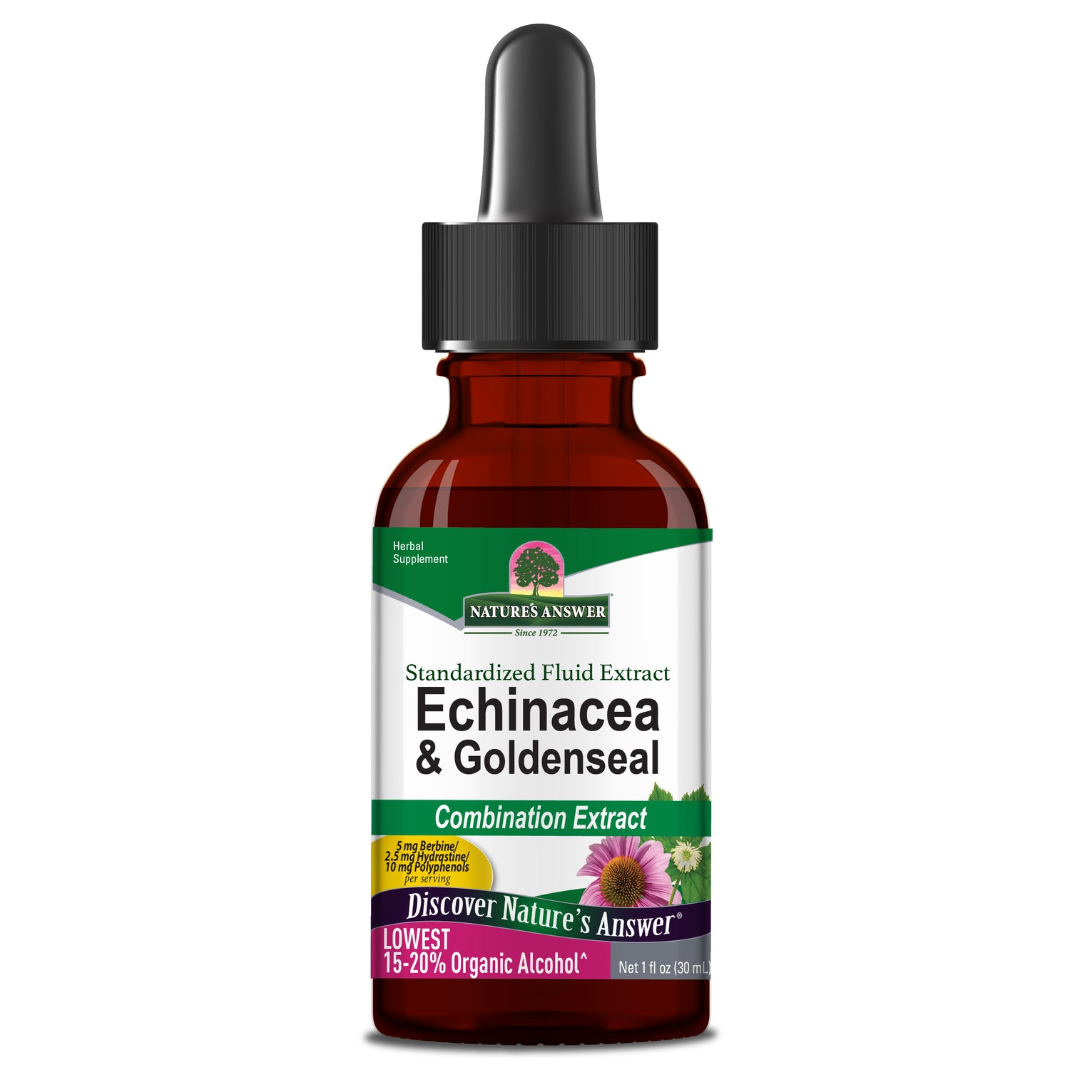 Nature’s Answer Echinacea and Goldenseal low alcohol liquid extract 30ml bottle front view on a white background
