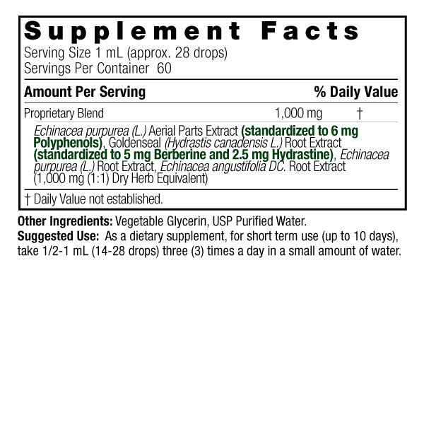 Nature’s Answer Echinacea Goldenseal supplement facts alcohol free 60ml back label on a white background