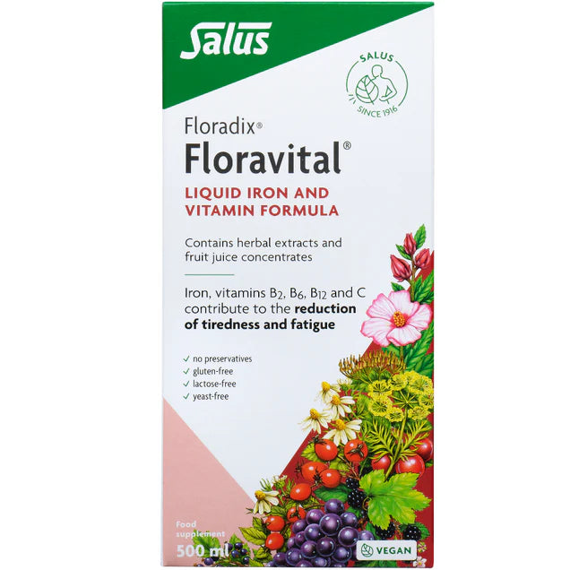 Floradix Liquid Iron & Vitamin Formula 500ml box, vegetarian.