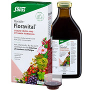 Floradix Liquid Iron & Vitamin Formula 500ml bottle, box & dosage vegetarian. 