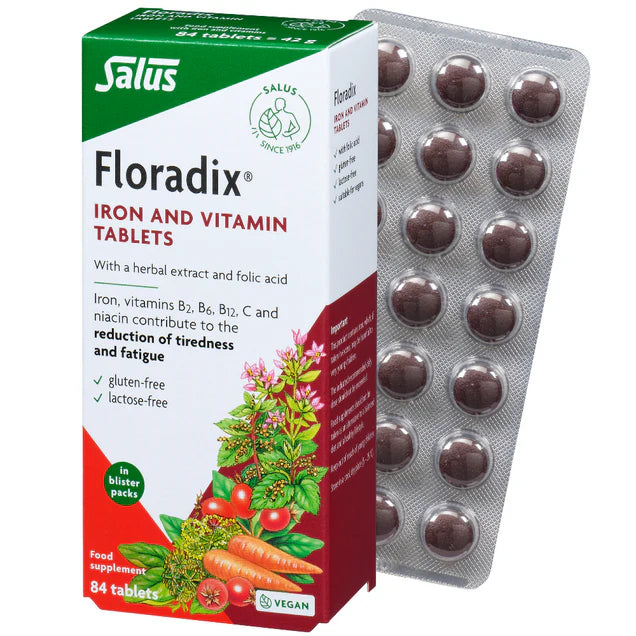 Floradix Iron & Vitamin Tablets box & sachet, vegan, 84 count.