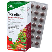 Floradix Iron & Vitamin Tablets box & sachet, vegan, 84 count.