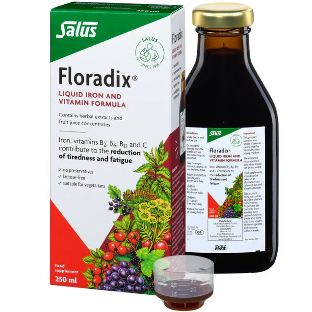 Floradix Liquid Iron & Vitamin Formula 250ml bottle, box & dosage vegetarian.