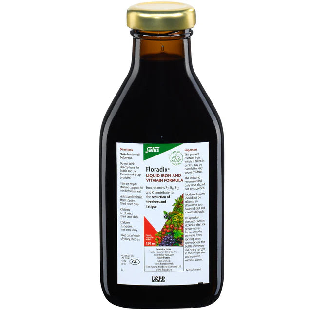 Floradix Liquid Iron & Vitamin Formula 250ml bottle, vegetarian.