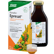 Floradix Epresat Adult Liquid Multivitamin bottle, box & dosage 250ml, vegetarian.