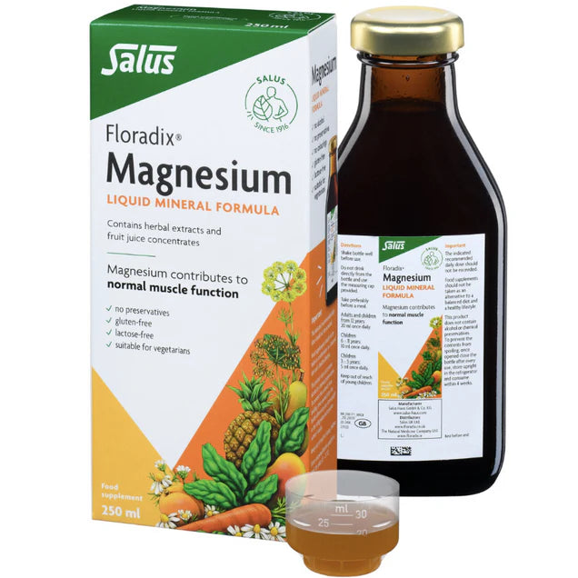Floradix Magnesium Liquid Mineral Supplement bottle & box & dosage 250ml, vegetarian.
