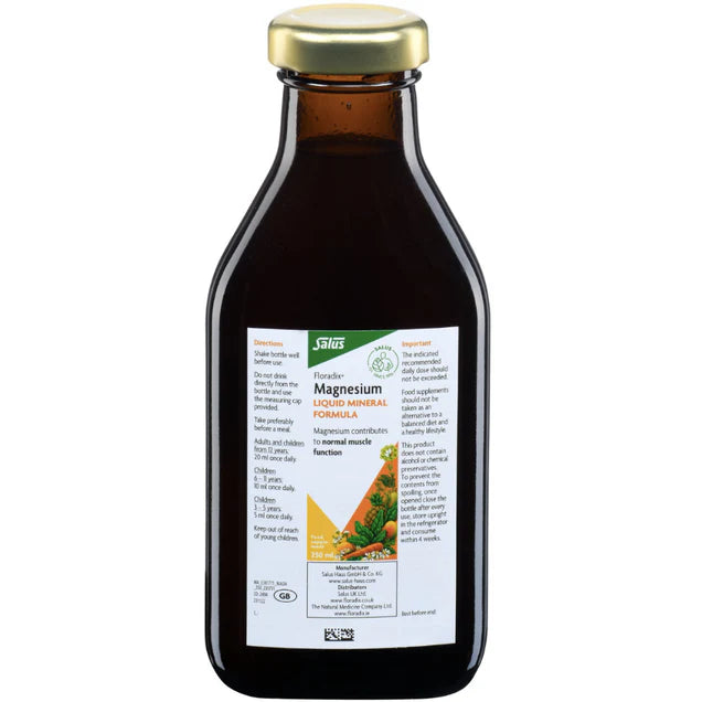 Floradix Magnesium Liquid Mineral Supplement bottle, 250ml, vegetarian.