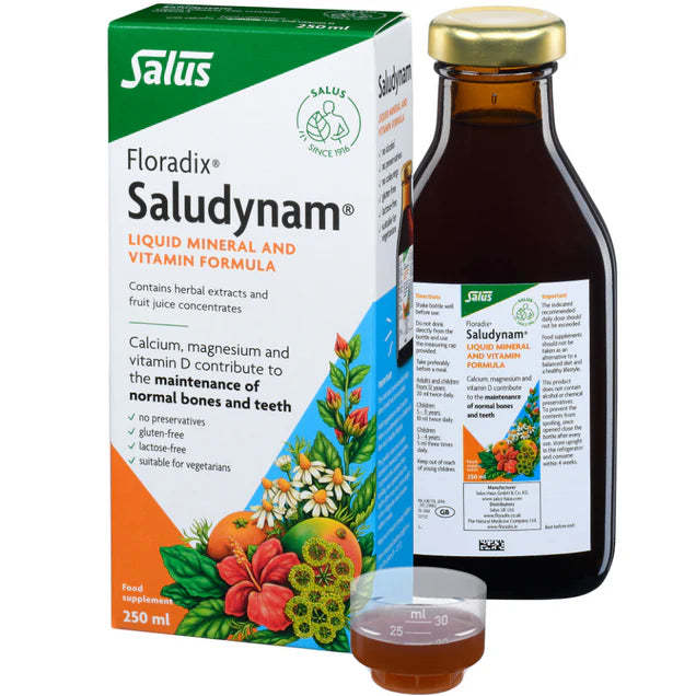 Floradix Saludynam Liquid Mineral & Vitamin Formula bottle, box & dosage 250ml.