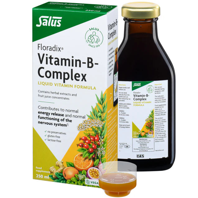 Floradix Vitamin B Complex Liquid Formula bottle, box & dosage vegetarian, 250ml.