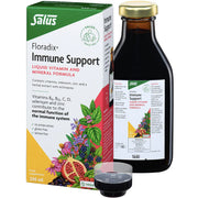 Floradix Liquid Immune Support bottle, box & dosage vitamin and mineral formula, 250ml.