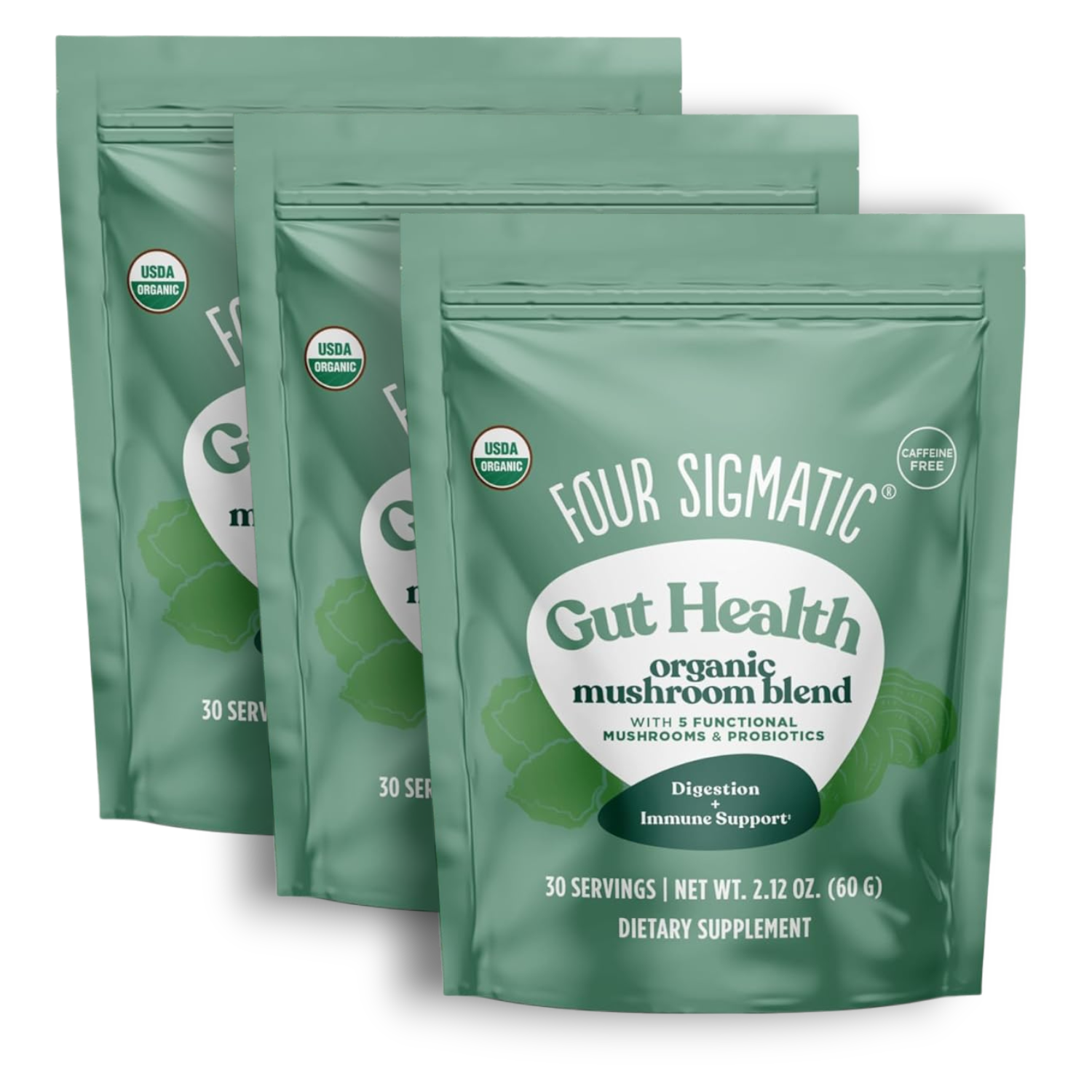 Four Sigmatic Organic Mushroom Blend Powder 3 pouches front packaging on white background