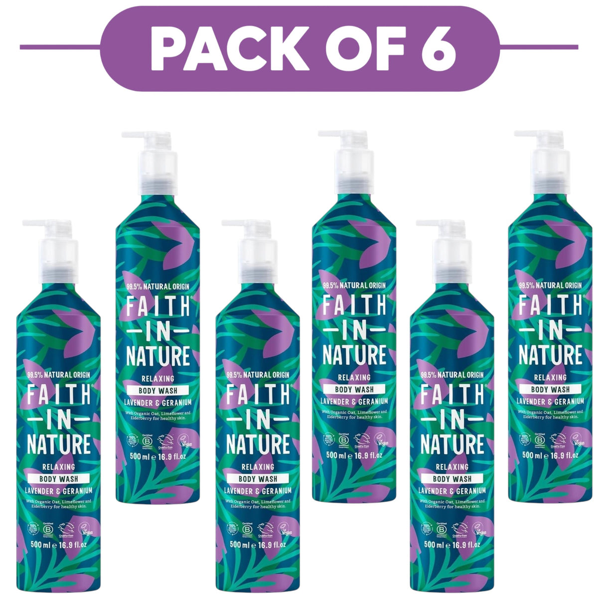 Faith In Nature Lavender Geranium Body Wash 500ml Aluminium Bottle Pack of 6