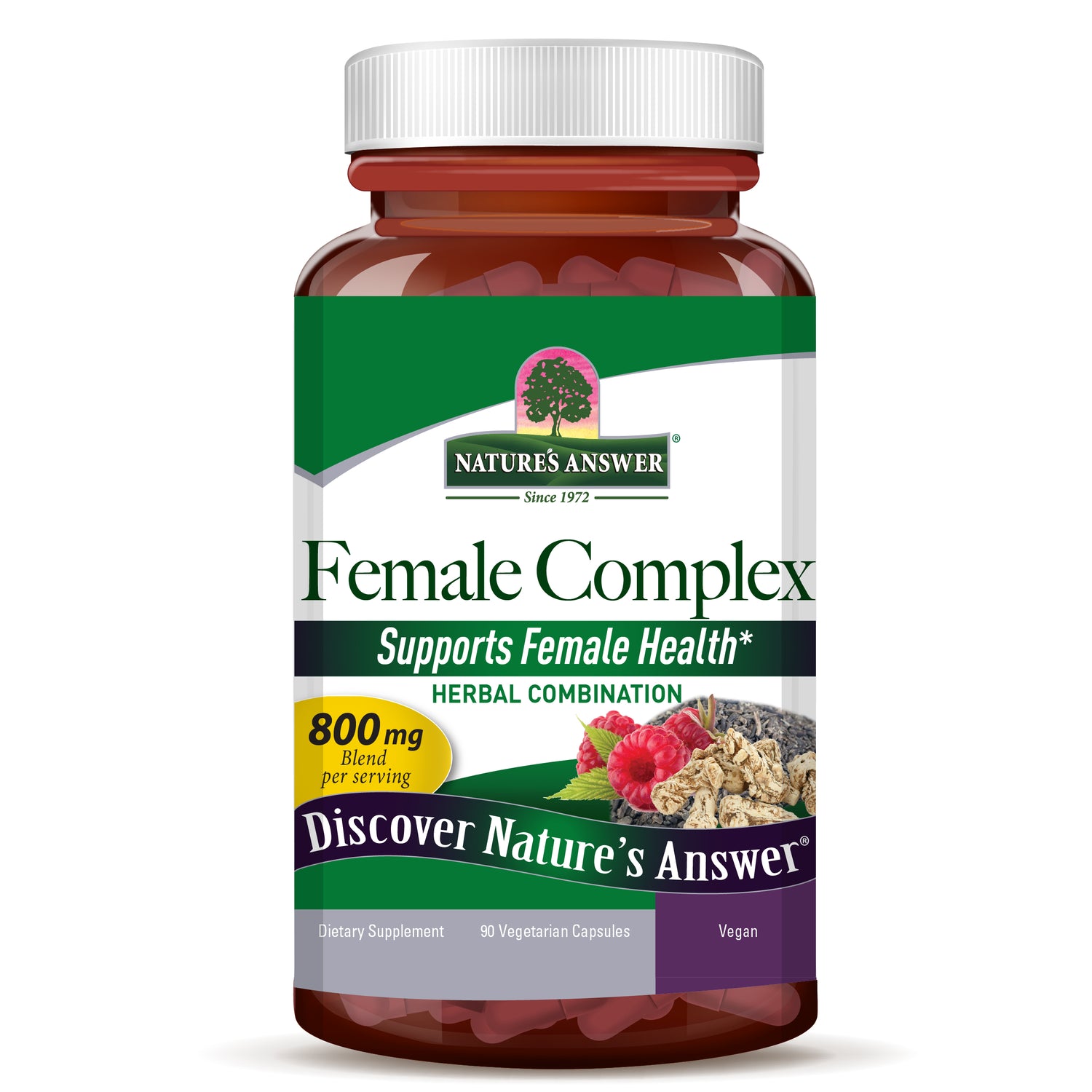 Supplement bottle labeled 'Female Complex' by Natures Answer on a white background