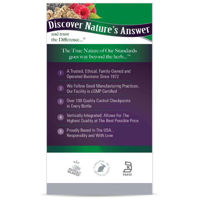 Product packaging with 'Discover Nature's Answer' branding and text on a white background