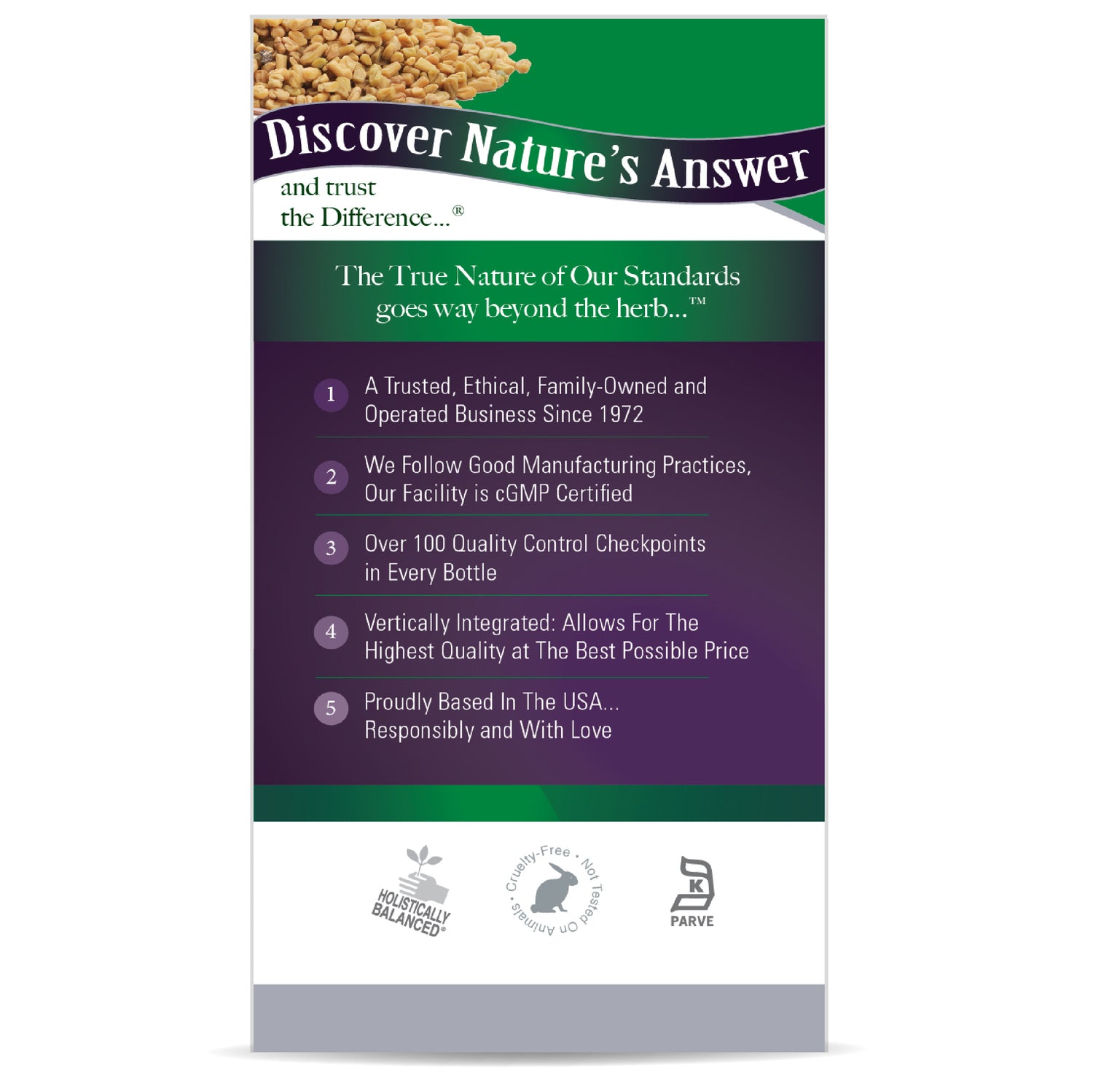 Product packaging with 'Discover Nature's Answer' branding and text on a white background