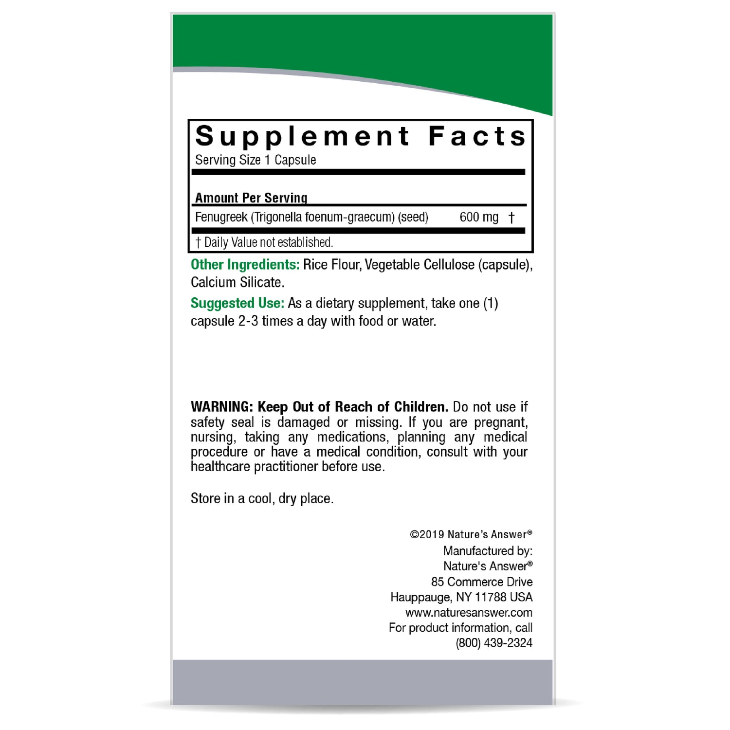 Nature’s Answer Fenugreek — 600 mg — 90 Vegetarian Capsules