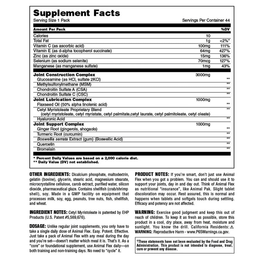 Supplement facts & ingredients image: Animal Flex joint support supplement facts ingredients sachet packs 44 count