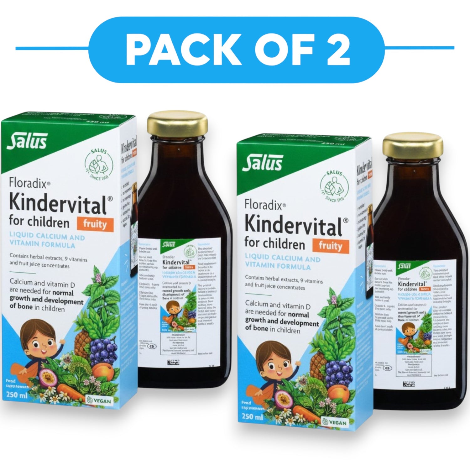 Floradix Kindervital Fruity Liquid Calcium & Vitamin Formula 250ml Pack of 2