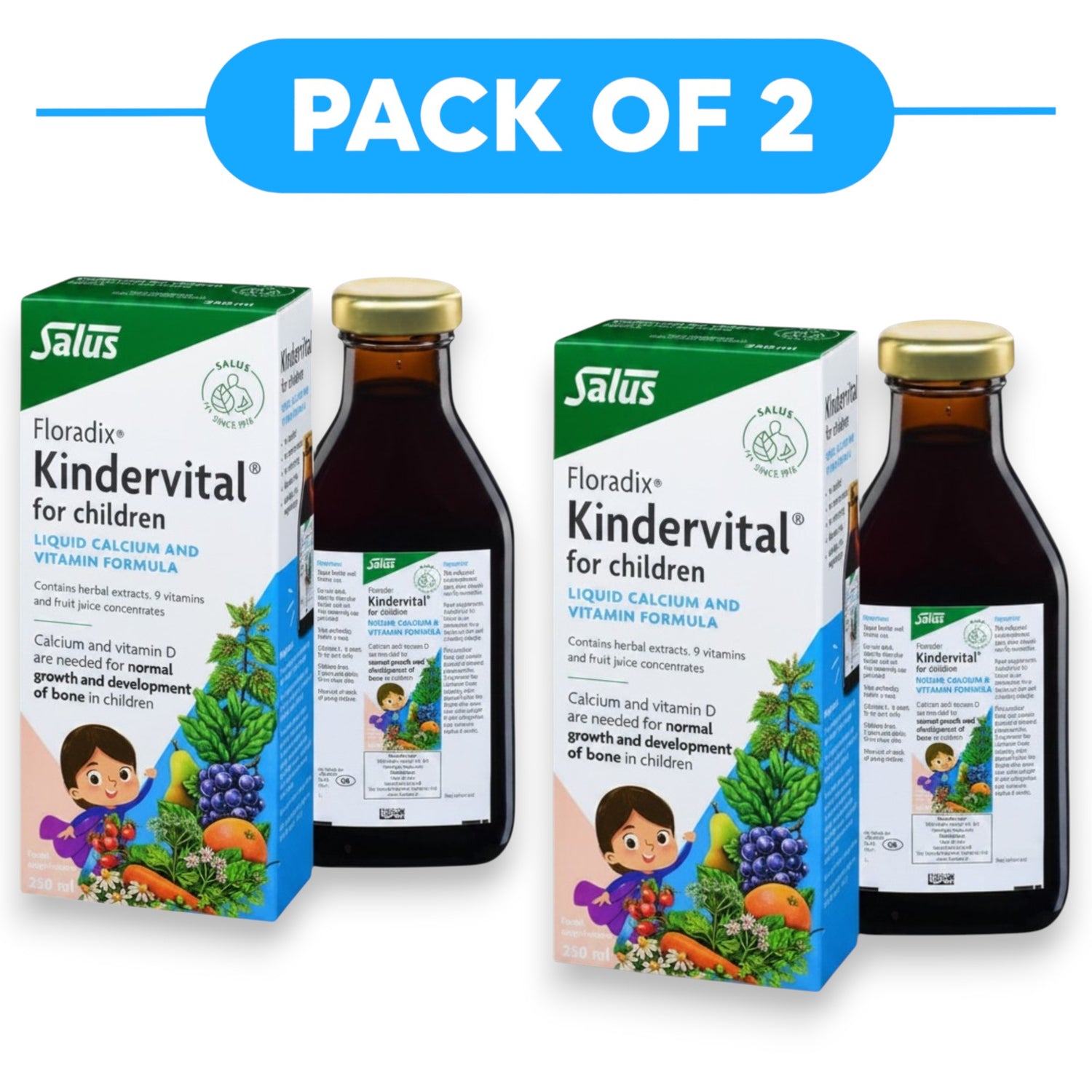 Floradix Kindervital for Children Liquid Calcium & Vitamin Formula 250ml Pack of 2