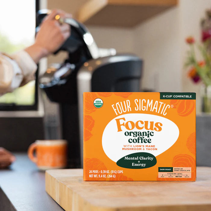 How to Use: A Four Sigmatic coffee pod next to a Keurig brewer.