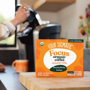 How to Use: A Four Sigmatic coffee pod next to a Keurig brewer.