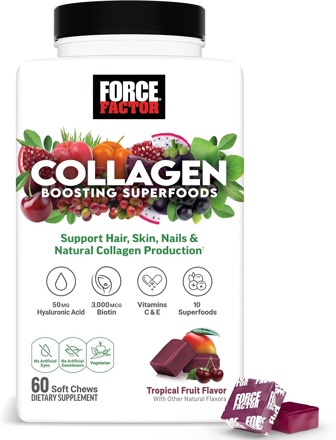 Force Factor Collagen Boosting Superfoods Tropical Fruit Soft Chews – 60 Count