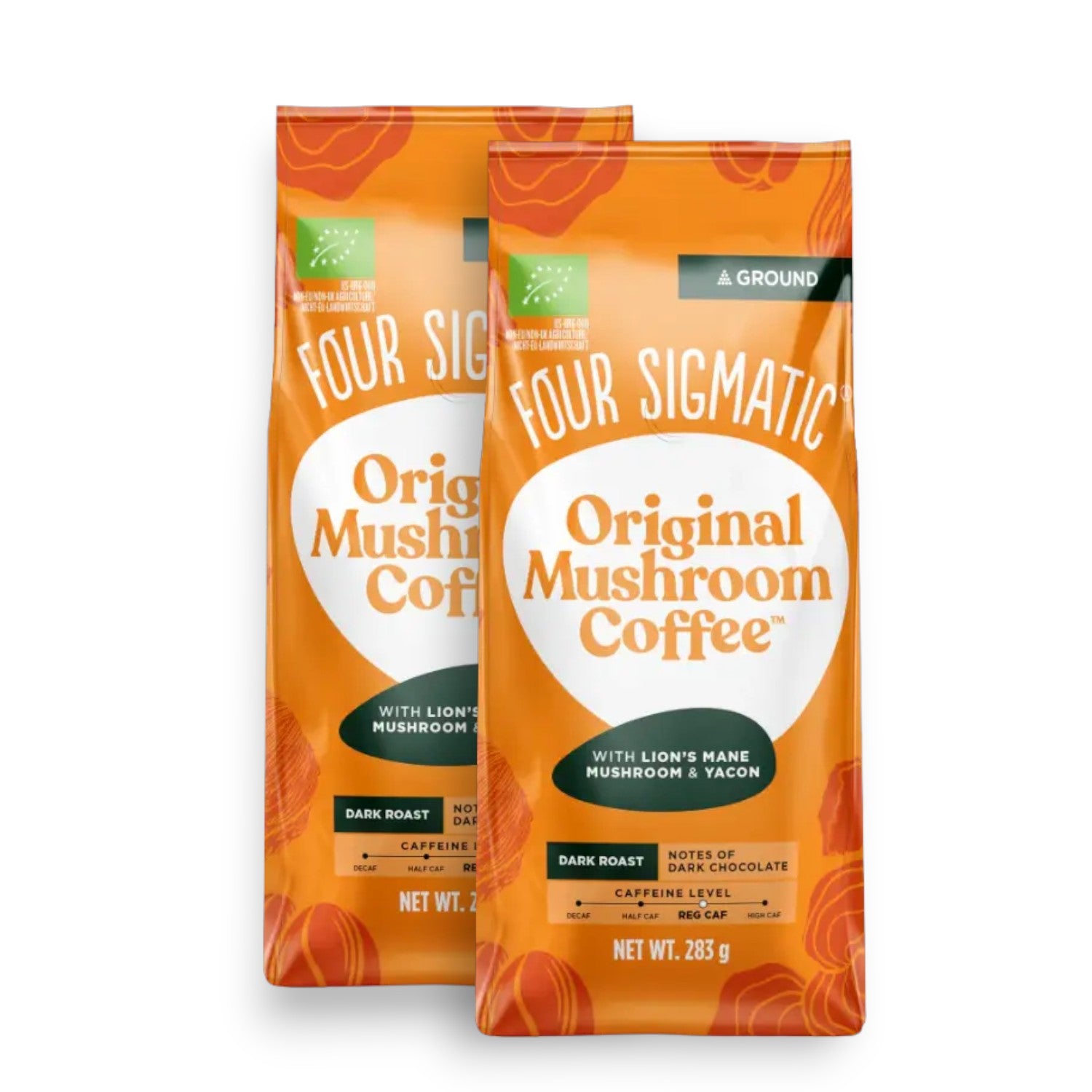 Four Sigmatic Original Mushroom Ground Coffee Dark Roast 283g, 2 pouches front packaging on white background