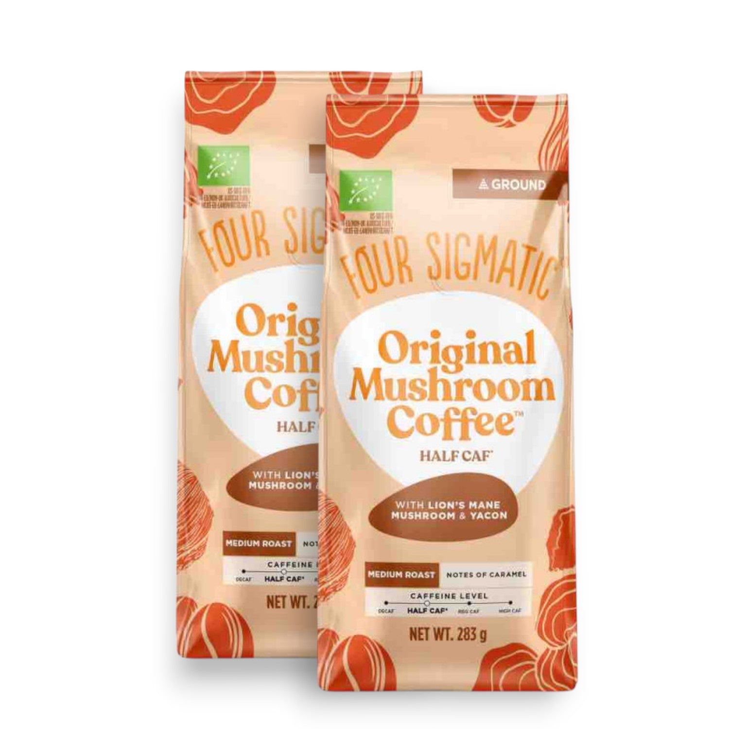 Four Sigmatic Original Mushroom Half Caf Ground Coffee 283g, 2 pouches front packaging on white background