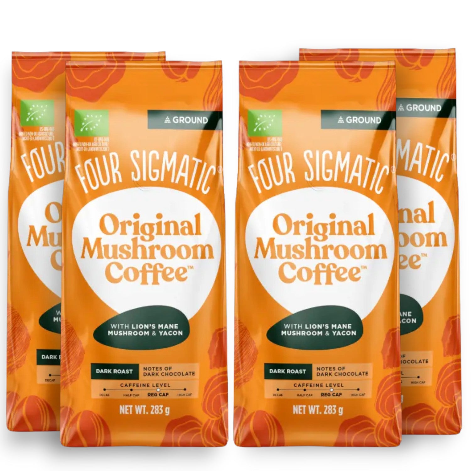 Four Sigmatic Original Mushroom Ground Coffee Dark Roast 283g, 4 pouches front packaging on white background