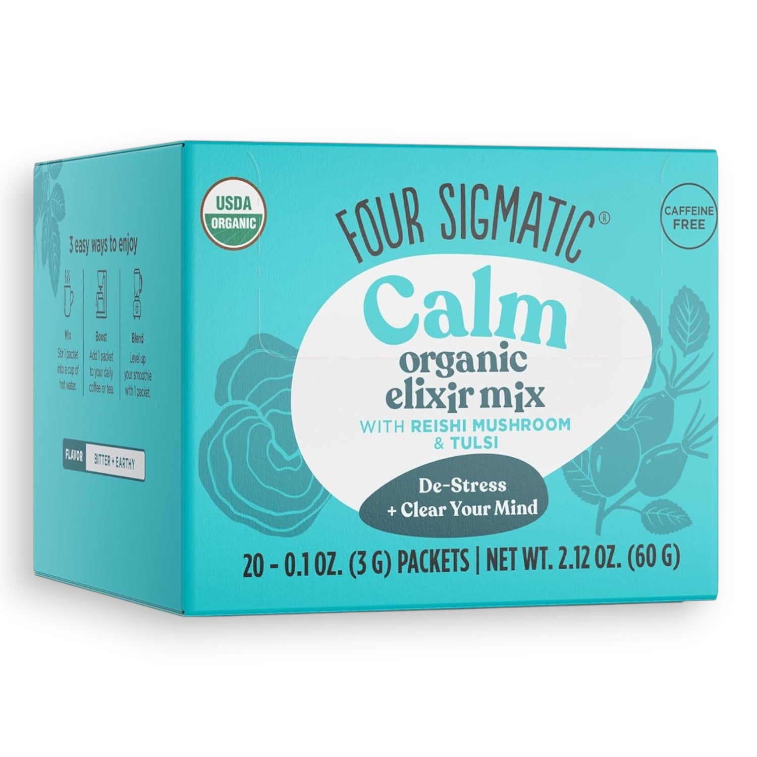 Four Sigmatic Organic Reishi Elixir Mix 20 packets front packaging on white background