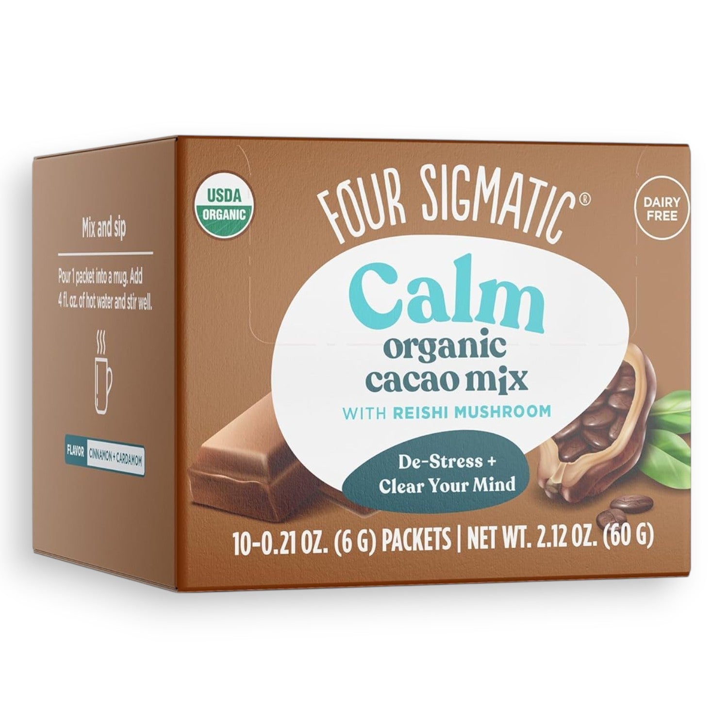 Four Sigmatic Organic Cacao with Reishi Mix 10 packets front packaging on white background