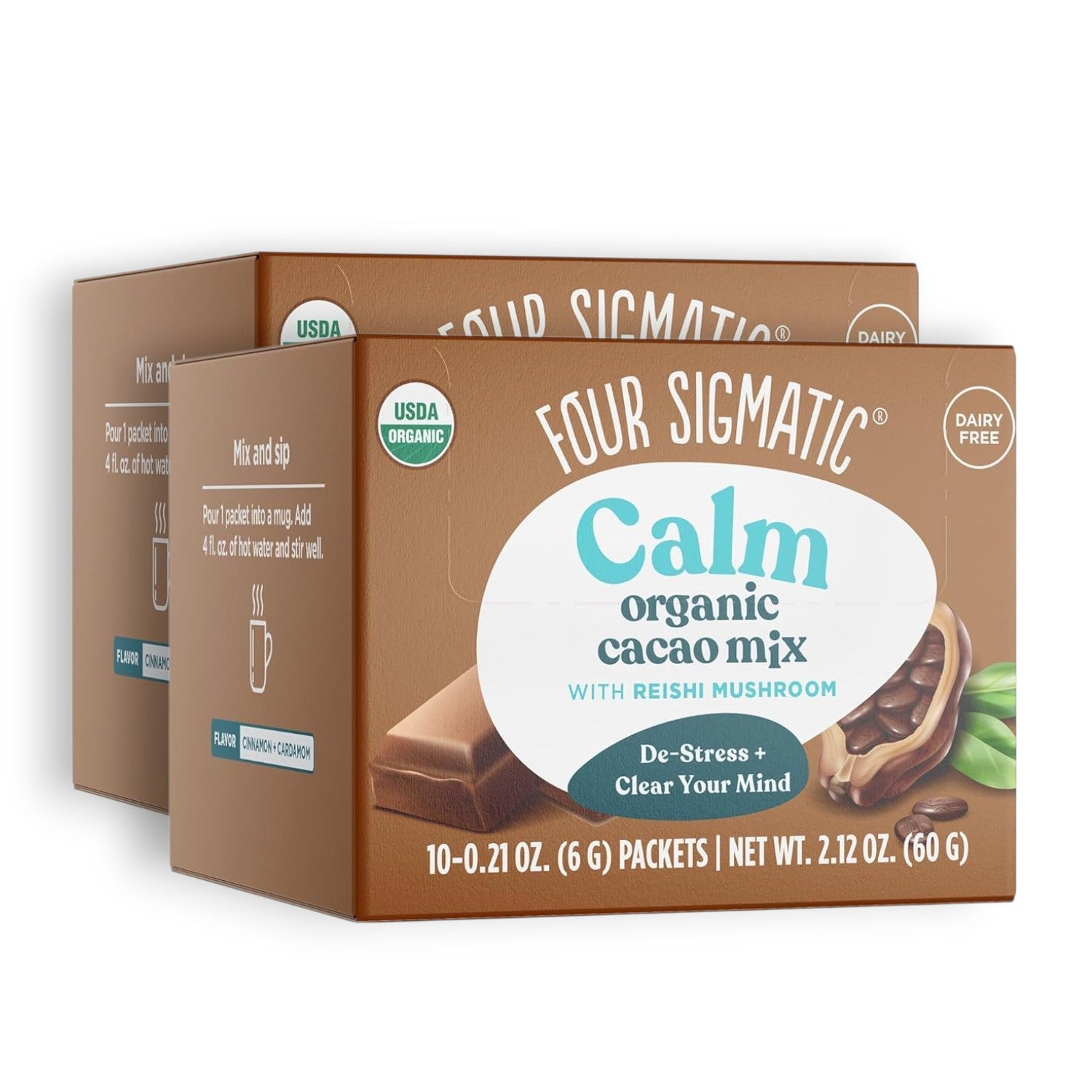 Four Sigmatic Organic Cacao with Reishi Mix 20 packets front packaging on white background