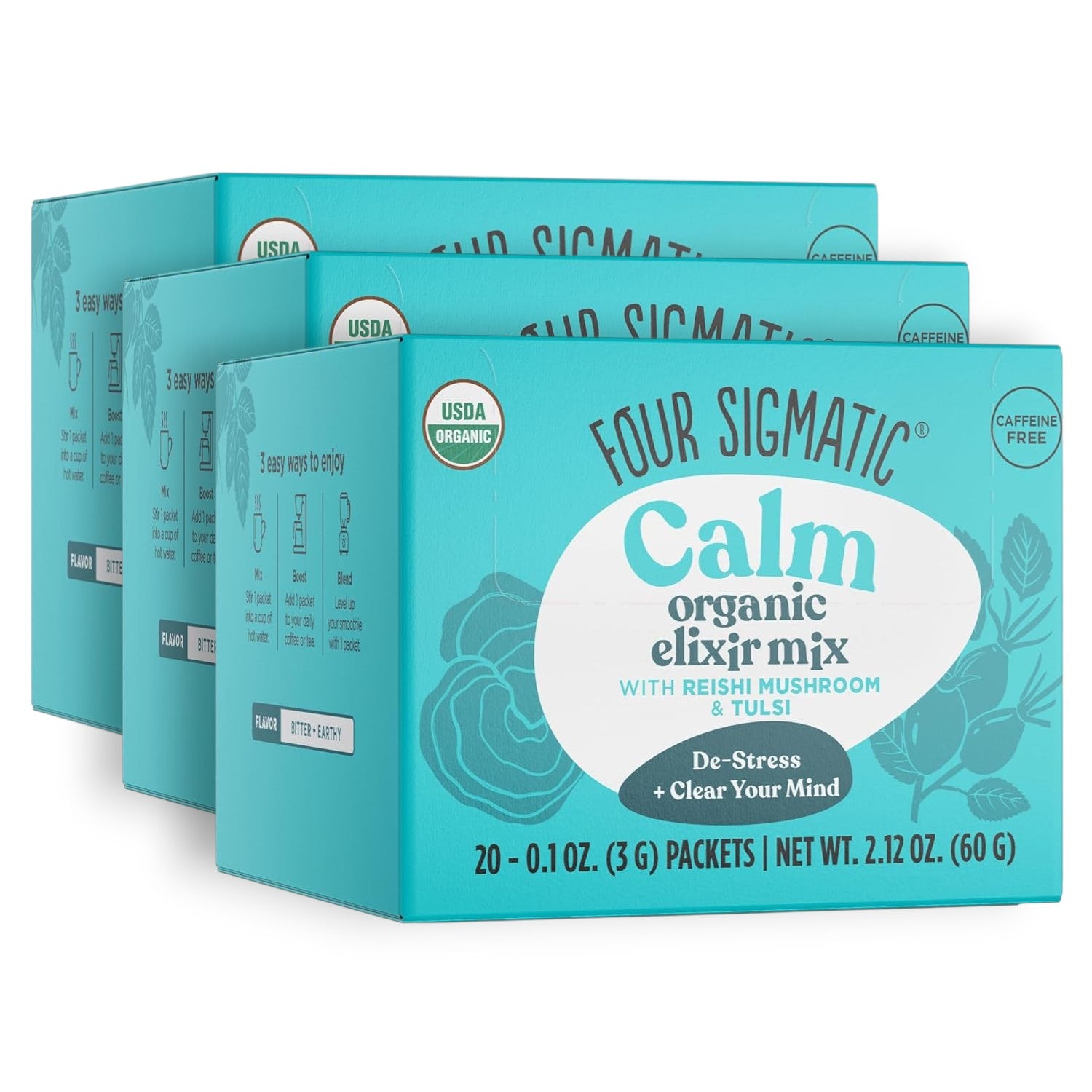 Four Sigmatic Organic Reishi Elixir Mix 60 packets front packaging on white background