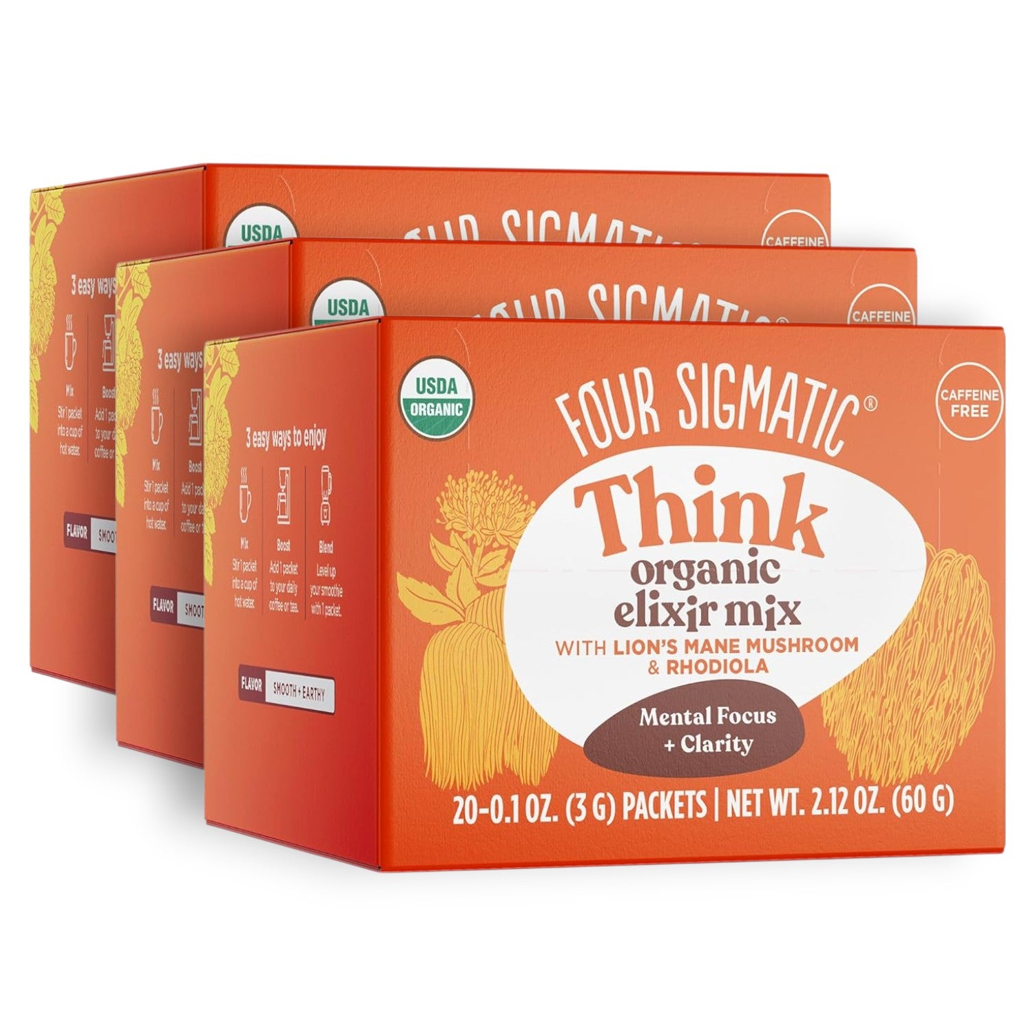 Four Sigmatic Organic Lion’s Mane Elixir Mix 60 packets front packaging on white background