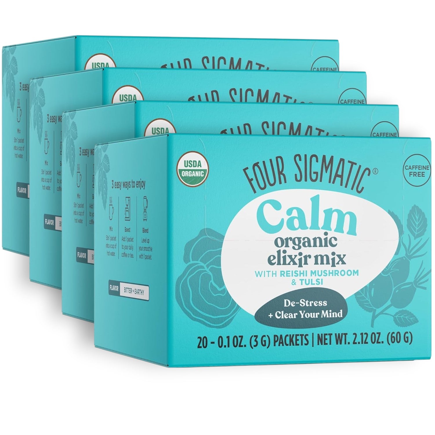 Four Sigmatic Organic Reishi Elixir Mix 80 packets front packaging on white background