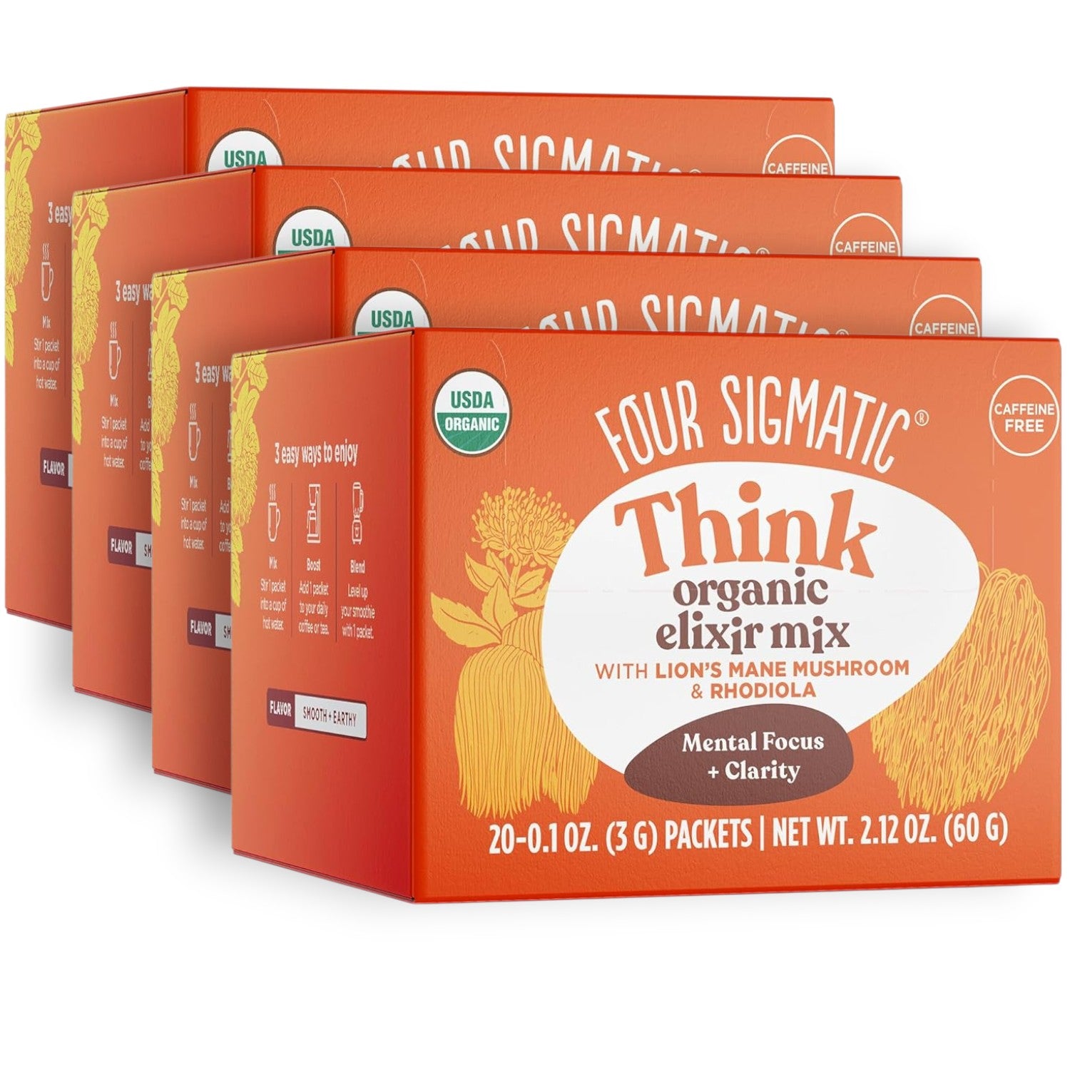 Four Sigmatic Organic Lion’s Mane Elixir Mix 80 packets front packaging on white background