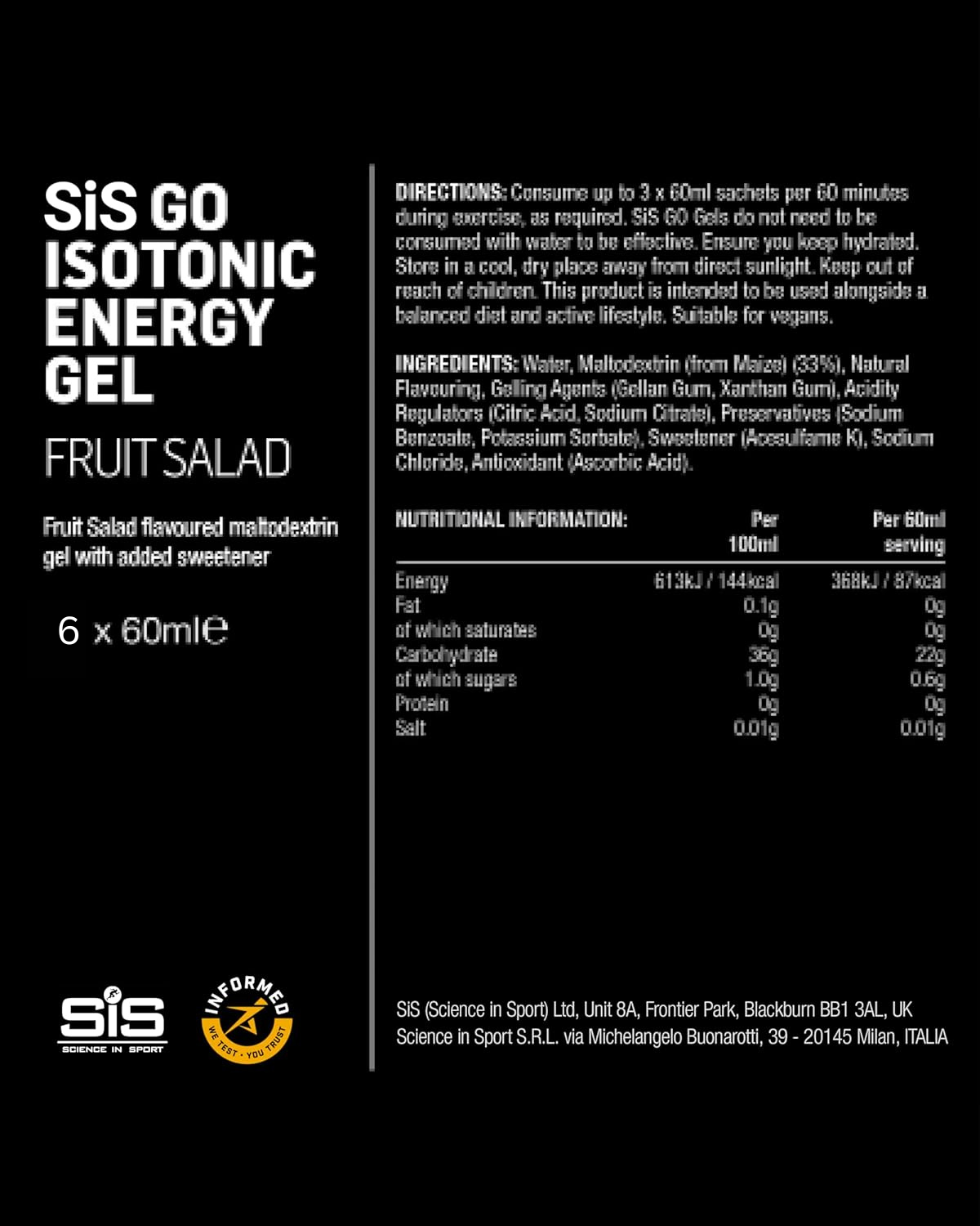 Directions, nutritional information and ingredients on back of SIS gel sachet.