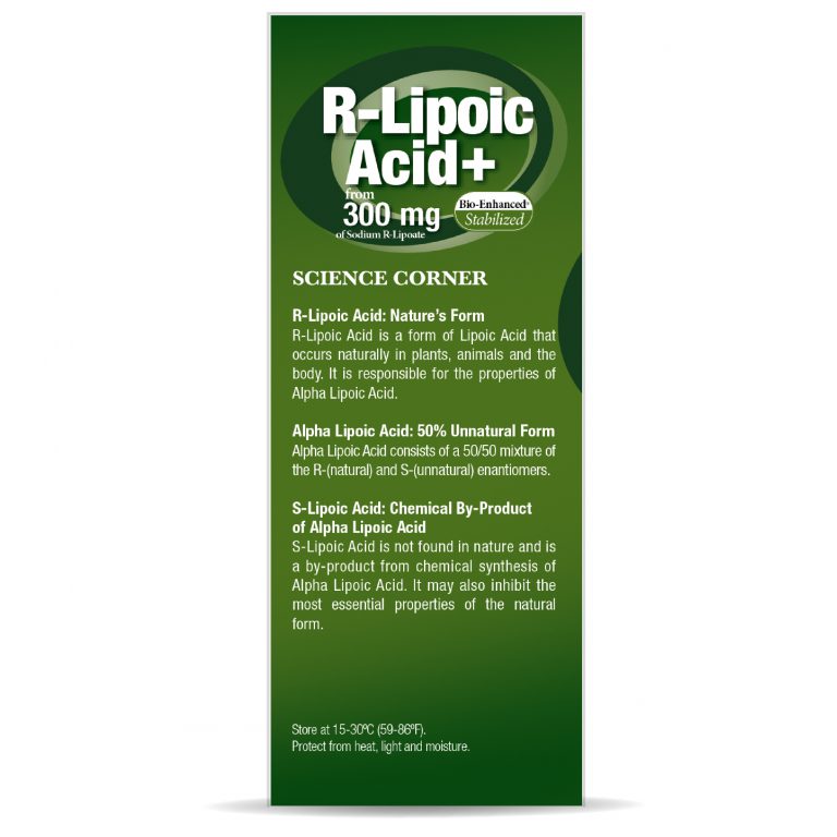 Green supplement package labeled 'R-Lipoic Acid+' with text on a white background