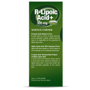 Green supplement package labeled 'R-Lipoic Acid+' with text on a white background