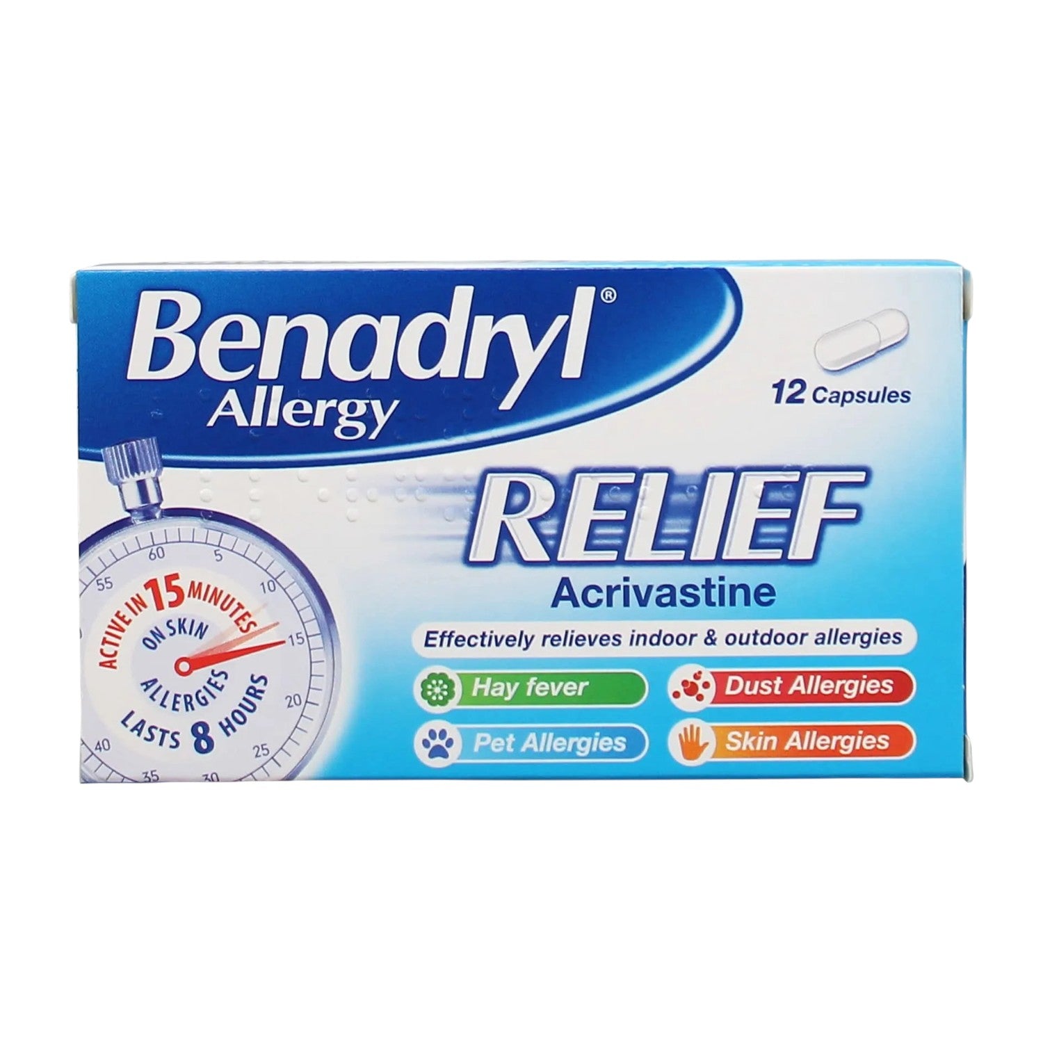 Benadryl Allergy Relief Acrivastine Capsules 12 Count box