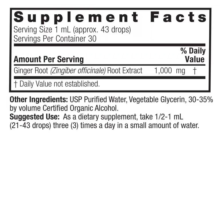 Supplement facts label for a ginger root extract supplement on a white background