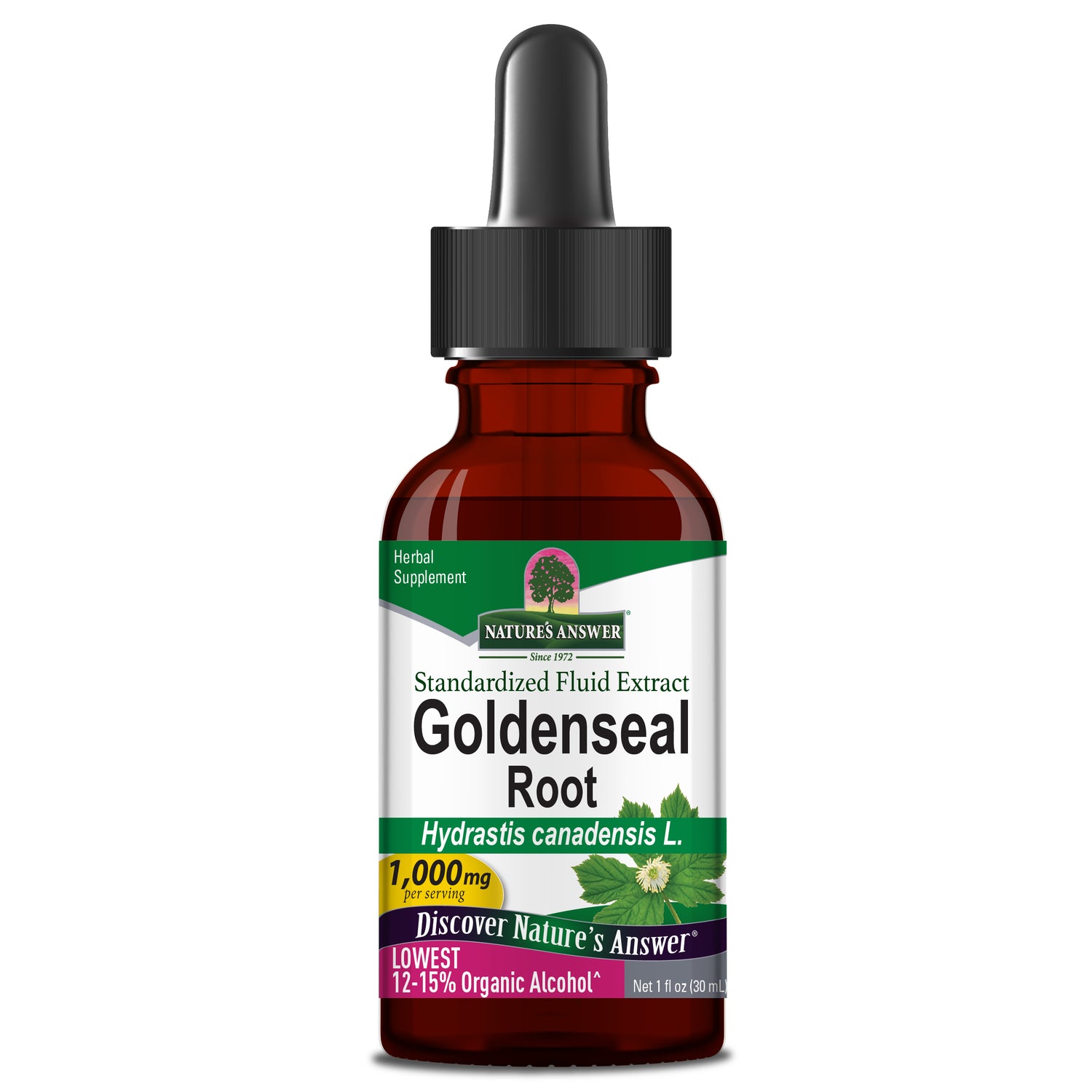 Bottle of Nature's Answer Goldenseal Root extract on a white background