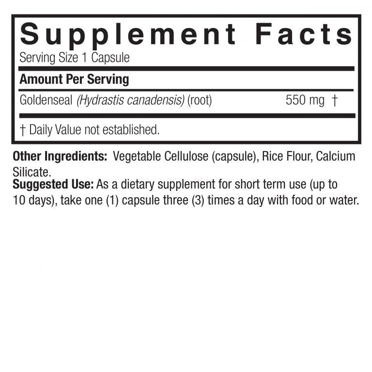 Supplement facts label for Goldenseal dietary supplement on a white background